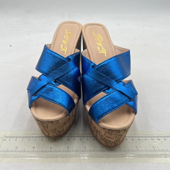 FOWT Blue Cork Wedge Sandals Cross Strappy High Platform Open Toe Slippers - Picture 3 of 8